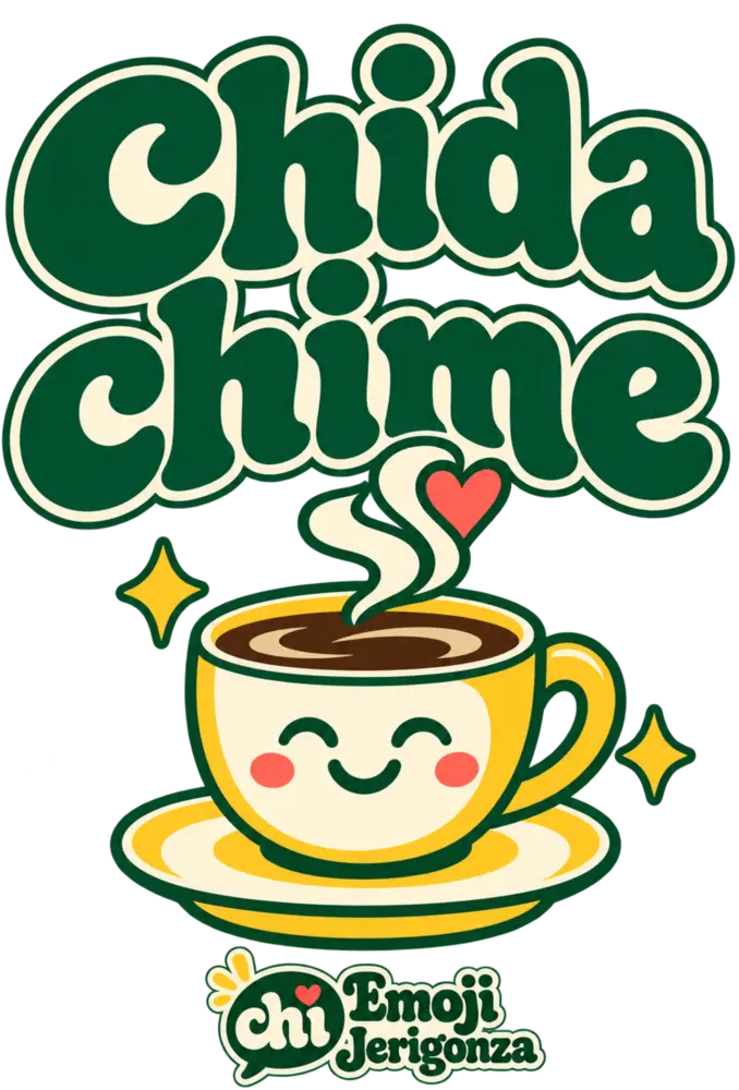 Diseño del primer t-shirt: Chida chime sobre una taza de café sonriente, en verde, crema y amarillo.